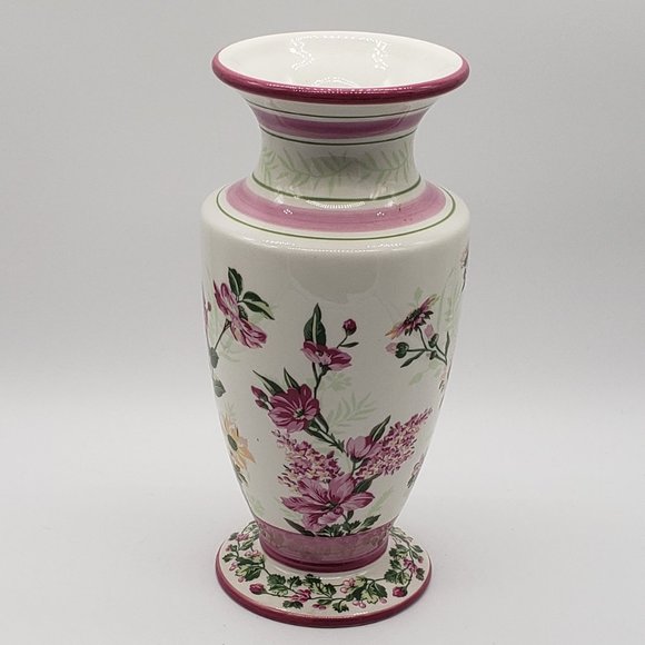 Laura Ashley Home Vintage FTD Ceramic Pink Florals & Greenery Fluted Vase - Picture 9 of 10